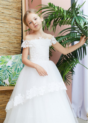Off Shoulder Ivory Lace Tulle Corset Back Flower Girl Dress
